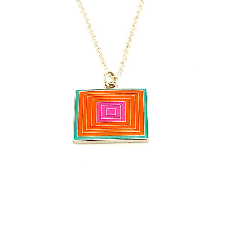 Necklace with a pattern of squares within squares orange and pink enamel