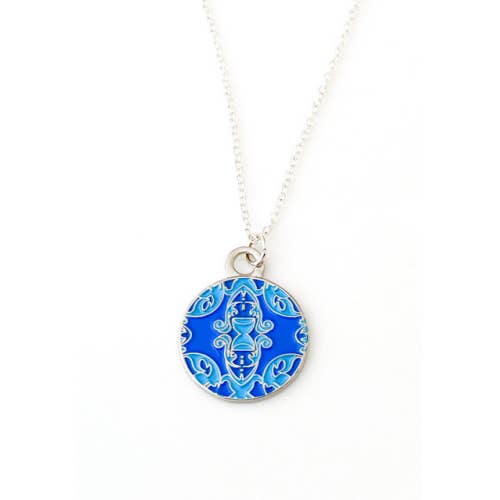 Ornate round enamel necklace in blue