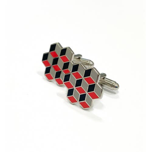 Cufflinks with optical illusion of stacked red and black enamel cubes in an pentagon shape