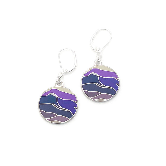 Round earrings with a waves of purple enamel