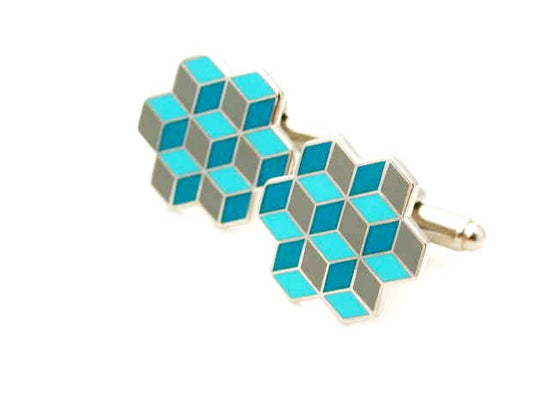 Cufflinks with optical illusion of stacked blue enamel cubes in an pentagon shape