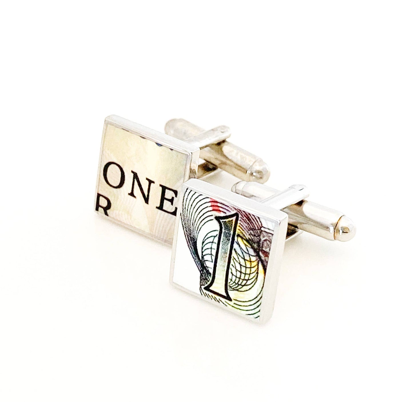 Load image into Gallery viewer, Square cufflinks with 1 and ONE from Canadian dollar bill
