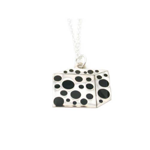 Cube shaped necklace with black enamel polka dots