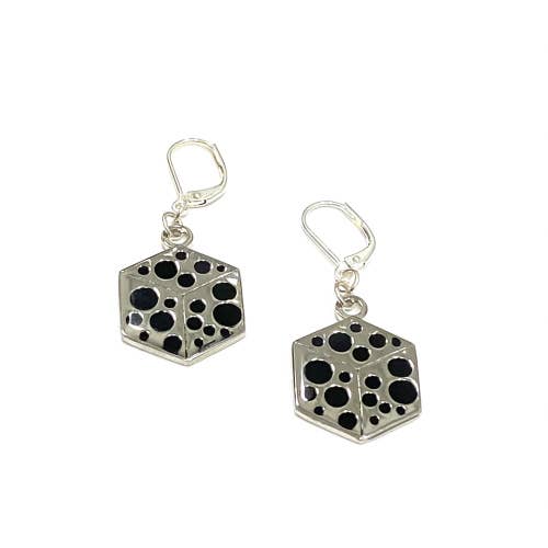 Load image into Gallery viewer, Cube earrings with black enamel polka dots
