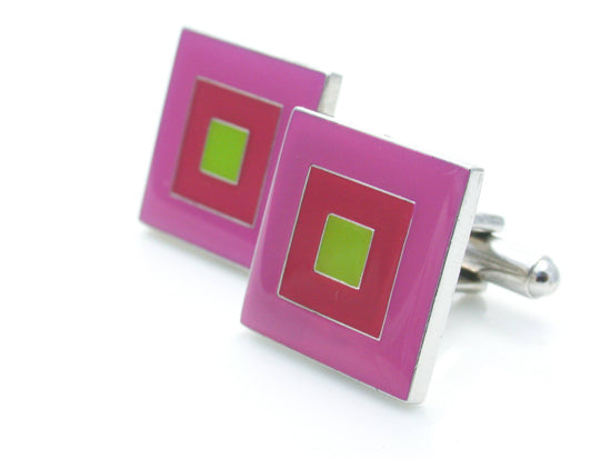 Square in a square enamel pattern cufflinks in pink
