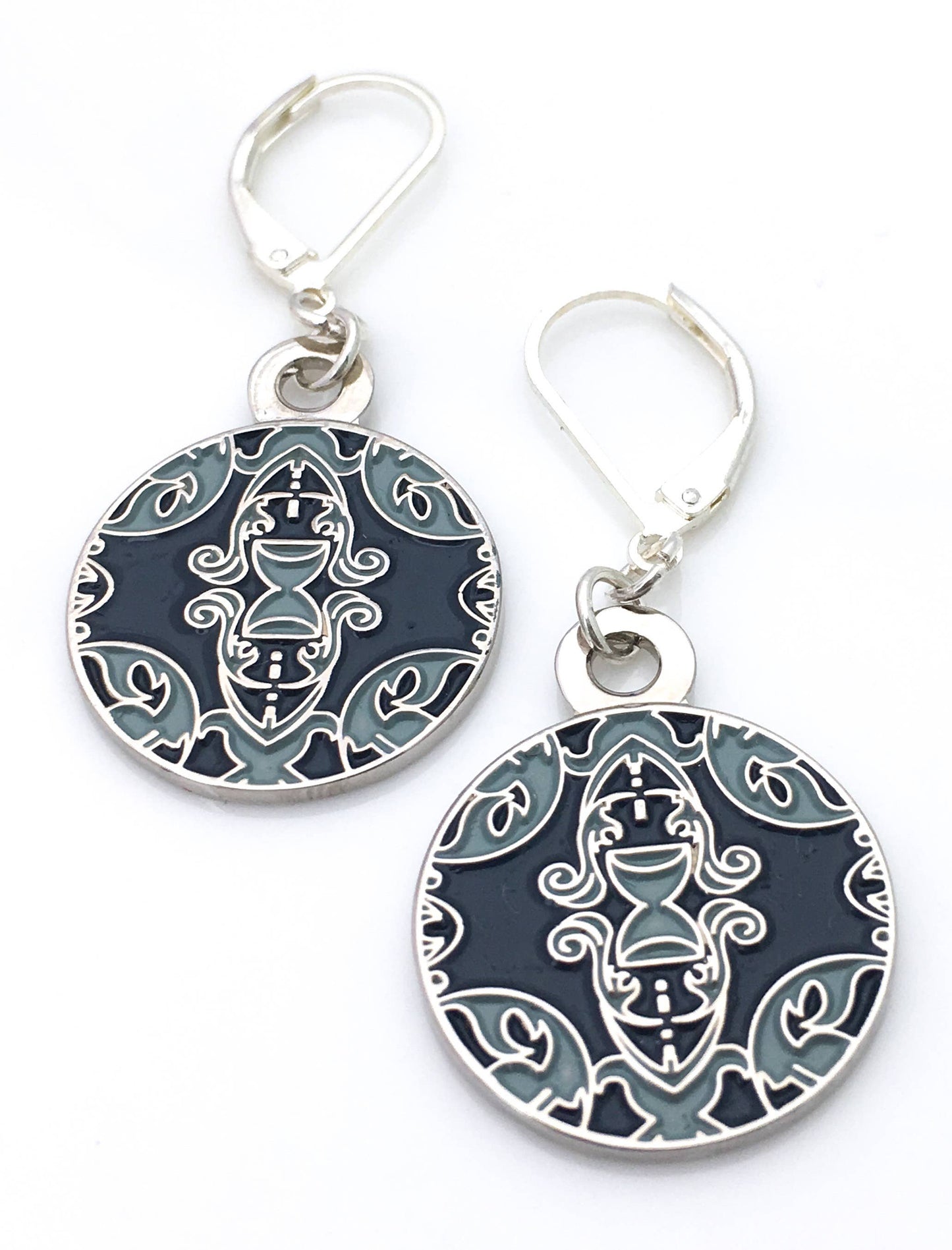Ornate round enamel earrings in gray