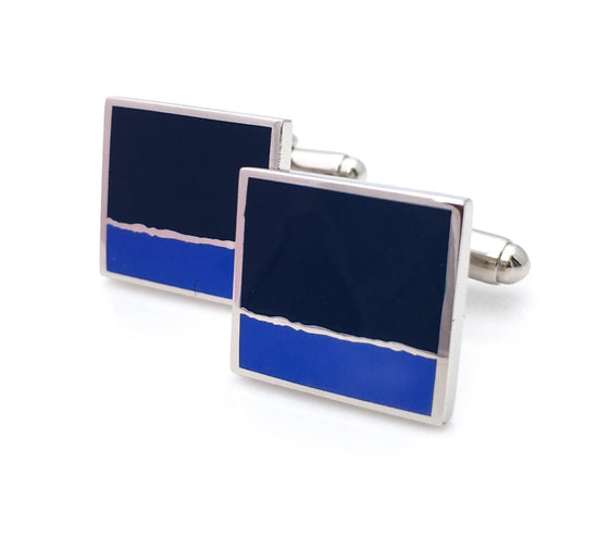 Enamel cufflinks with square in dark blue enamel and smaller rectangle in a lighter blue