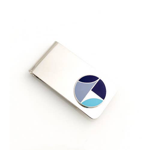 Architecture inspired money clip with navy and white enamel circle