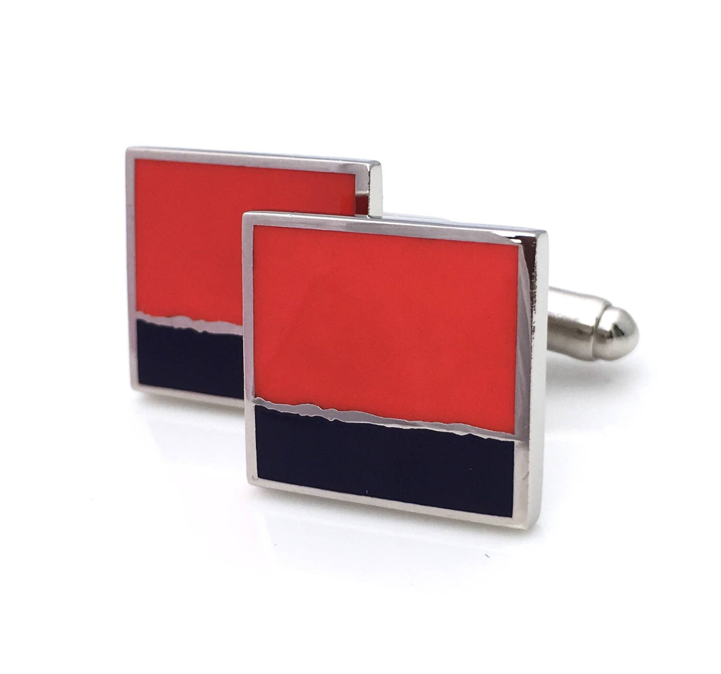 Enamel cufflinks with square in orange enamel and smaller rectangle in navy blue