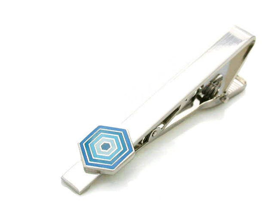 Honey comb shaped blue enamel piece on a tie clip