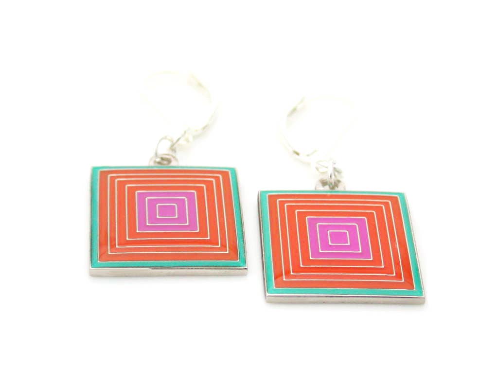 Load image into Gallery viewer, Earrings with a pattern of squares within squares orange and pink enamel
