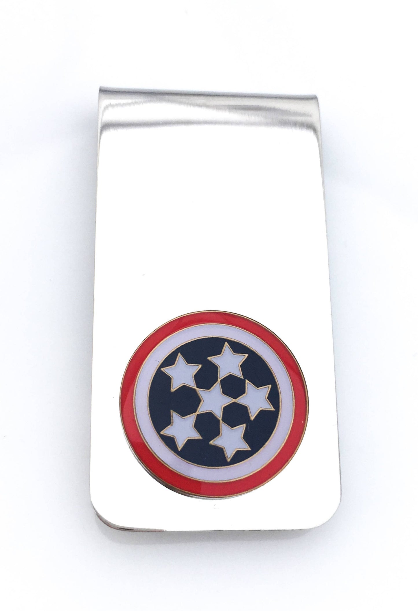 Red white and blue stars and stripes round money clip
