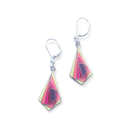 Diamond shaped coral enamel earrings with repeating shapes in the center