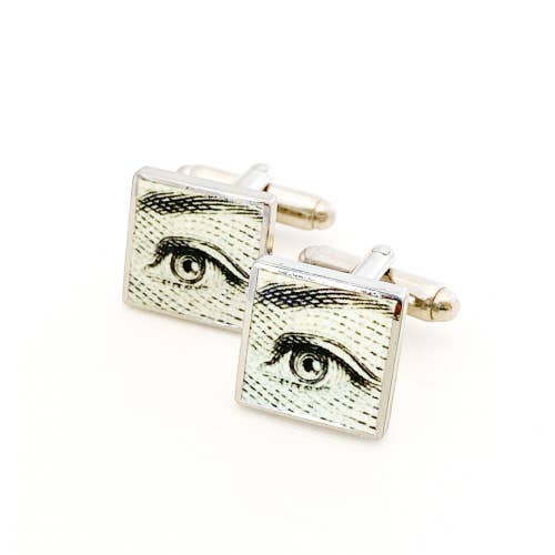 Square cufflinks with HRH's eyes from Canadian dollar bill