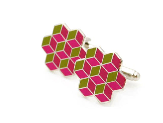 Cufflinks with optical illusion of stacked pink enamel cubes in an pentagon shape