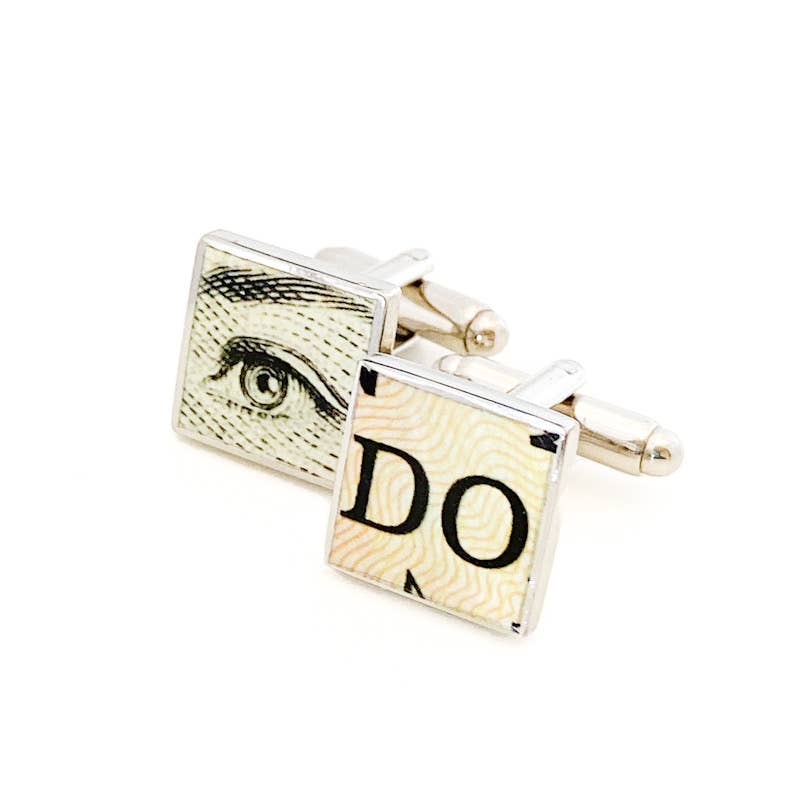 Square cufflinks with HRH's eye and DO from Canadian dollar bill