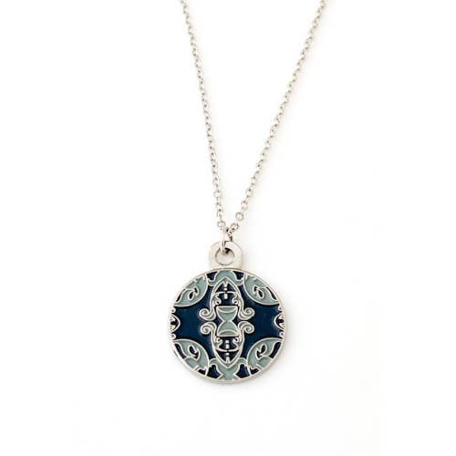 Ornate round enamel necklace in gray