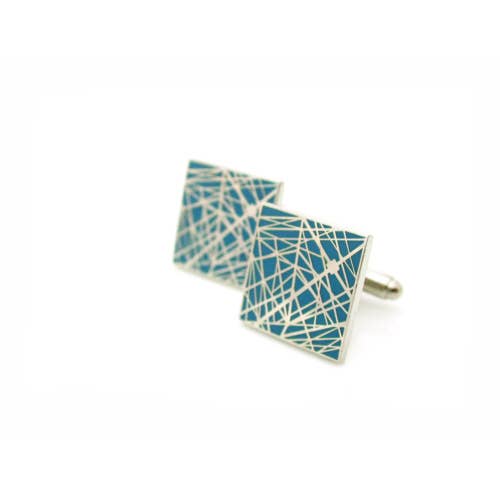 Blue enamel cufflinks with pattern of interesecting lines