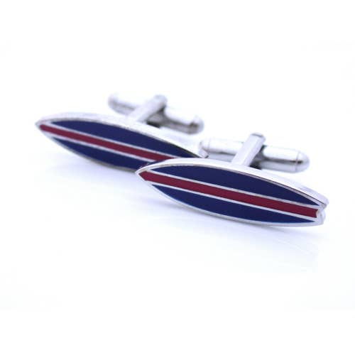 Load image into Gallery viewer, Surboard shaped cufflinks in navy enamel with a stripe down the center
