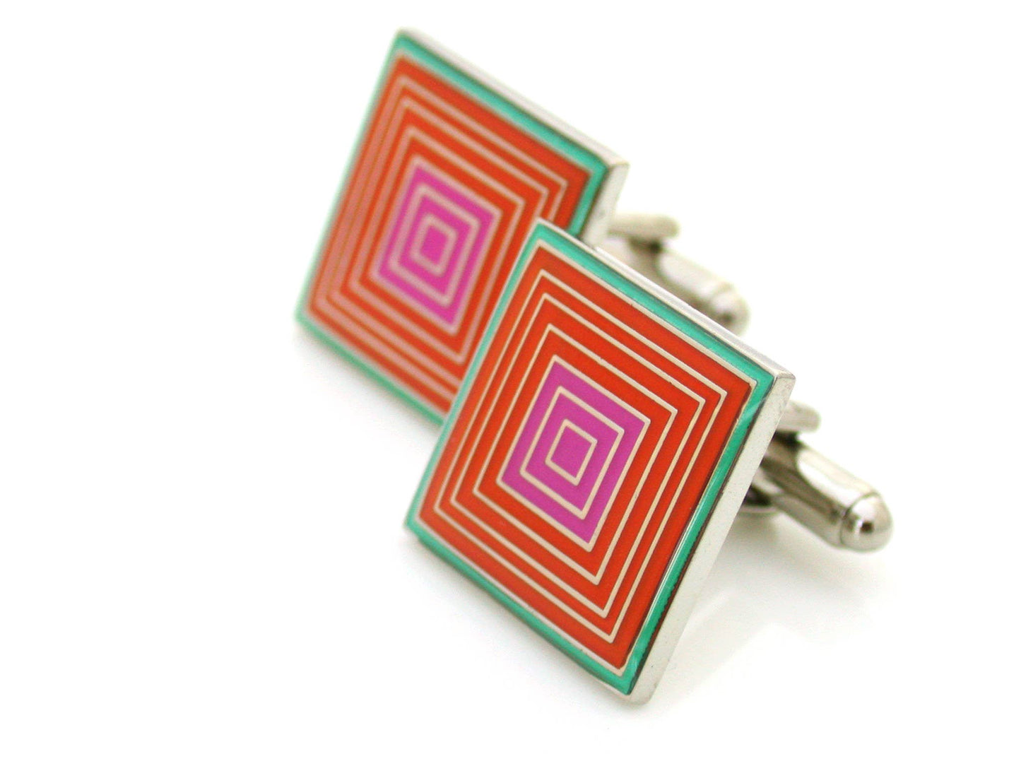 Cufflinks with a pattern of squares within squares orange and pink enamel