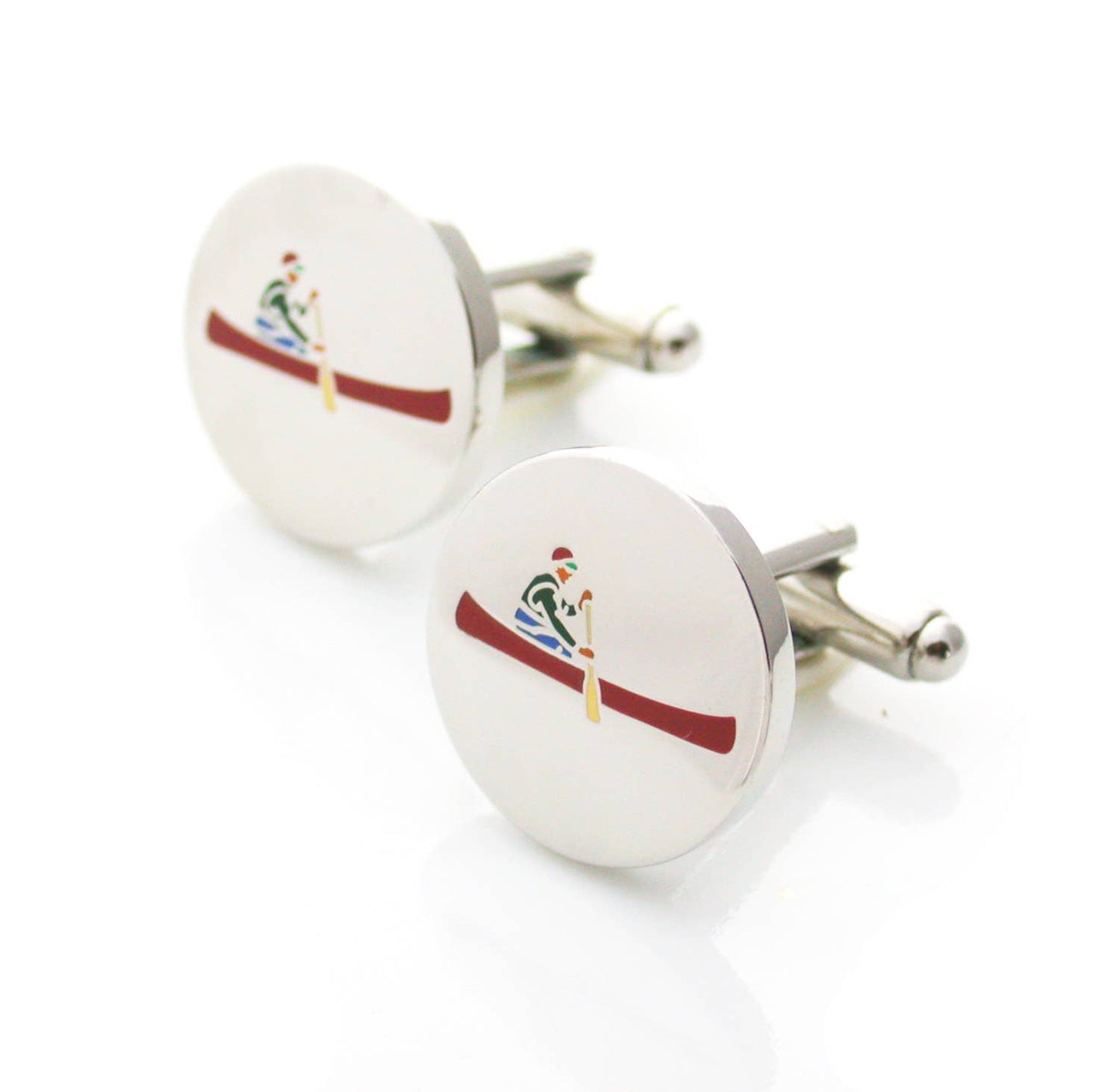 Round cufflinks with enamel canoe and paddler