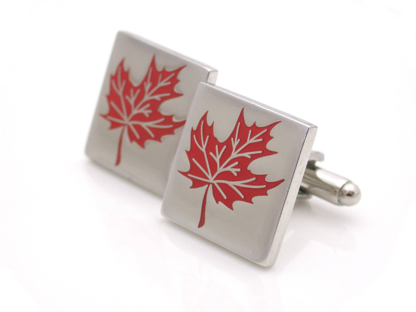 Red enamel square maple leaf cufflinks