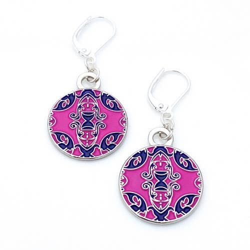 Ornate round enamel earrings in bright pink