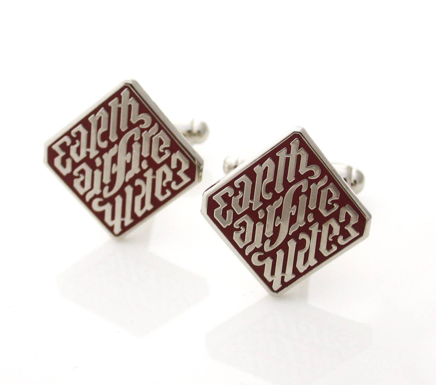 Small square cufflinks with words Fire Air Water in maroon enamel