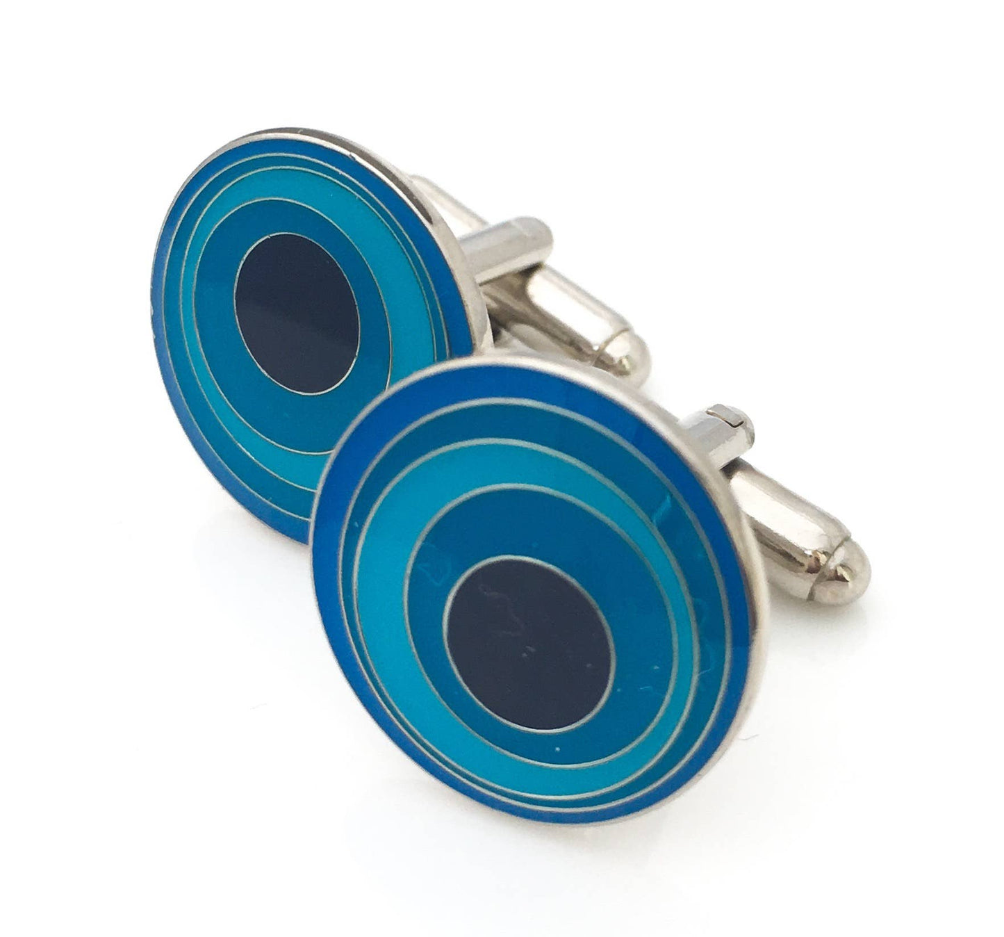 Round cufflinks with circles within circles in blues