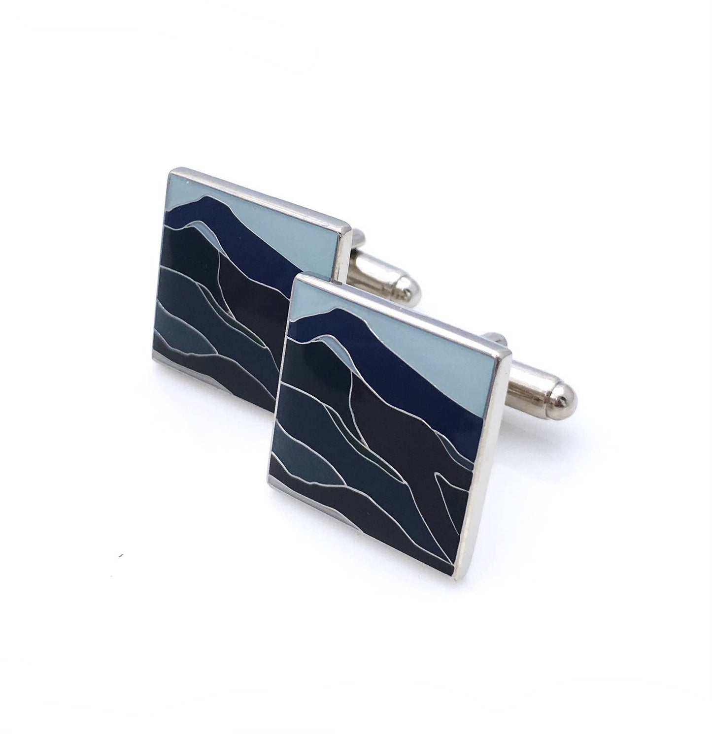 Square cufflinks with a waves of blue enamel