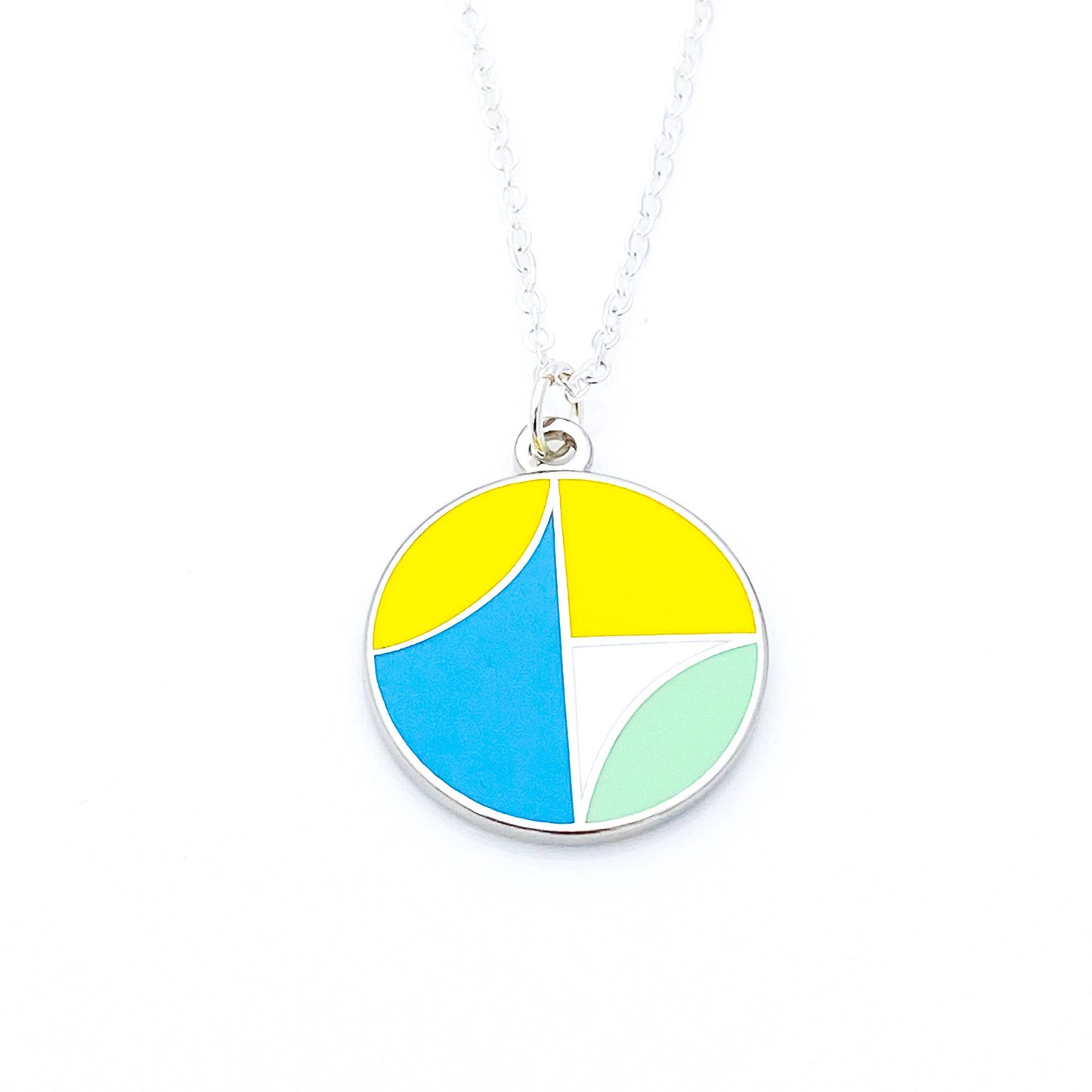 Architecture inspired enamel necklace in turquoise and yellow