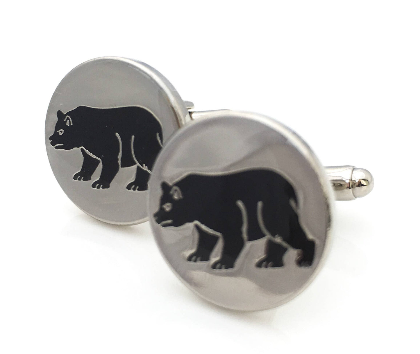 Round cufflinks with brown enamel bear