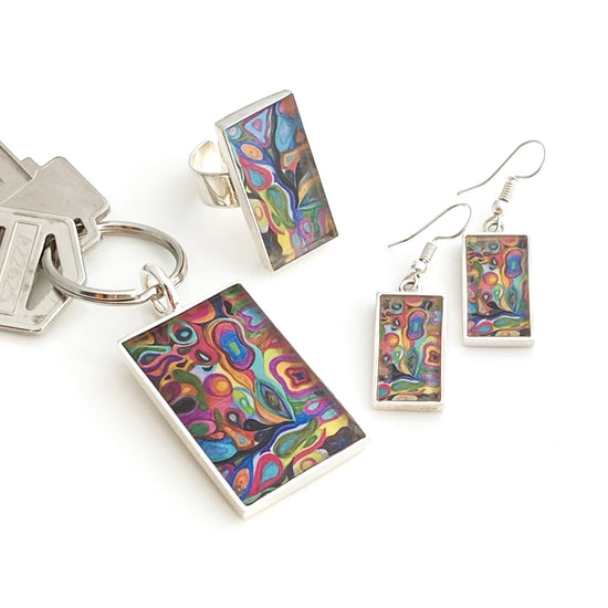 Colorful-artwork-transformed-into-custom-keychain-ring-and-earrings