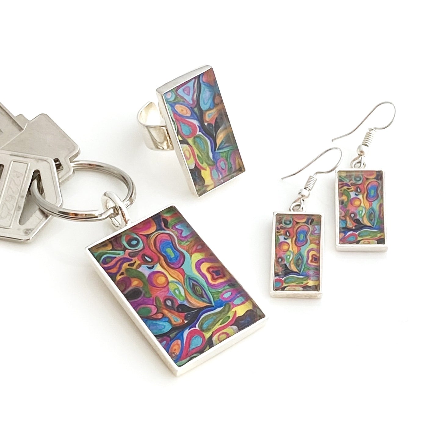 Load image into Gallery viewer, Set-of-matching-artwork-keychain-earrings-and-ring
