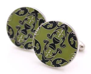 Ornate round enamel cufflinks in sage green