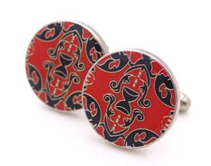 Ornate round enamel cufflinks in orange and black