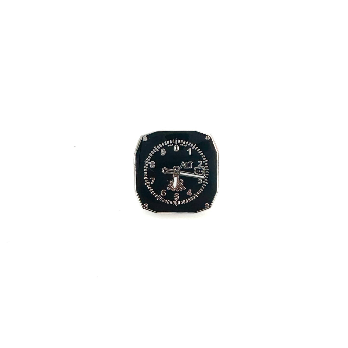 Flight Altimeter Pin designed with intricate details resembling an altimeter gauge, elegantly crafted to celebrate aviation enthusiasts, perfect for adding a stylish touch to any outfit.