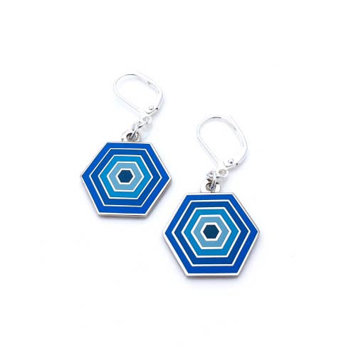 Honey comb shaped enamel earrings in blues