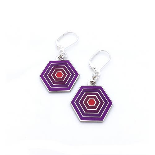 Honey comb shaped enamel earrings in purples