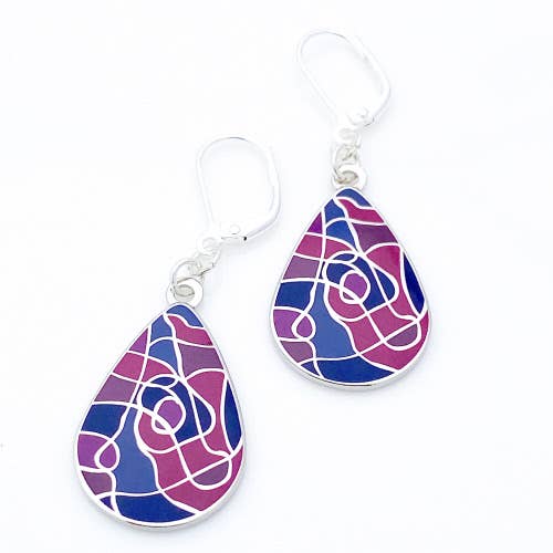 Teardrop enamel earrings inspired by Impressionist paintings in various shades of maroon