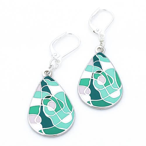 Teardrop enamel earrings inspired by Impressionist paintings in various shades of green