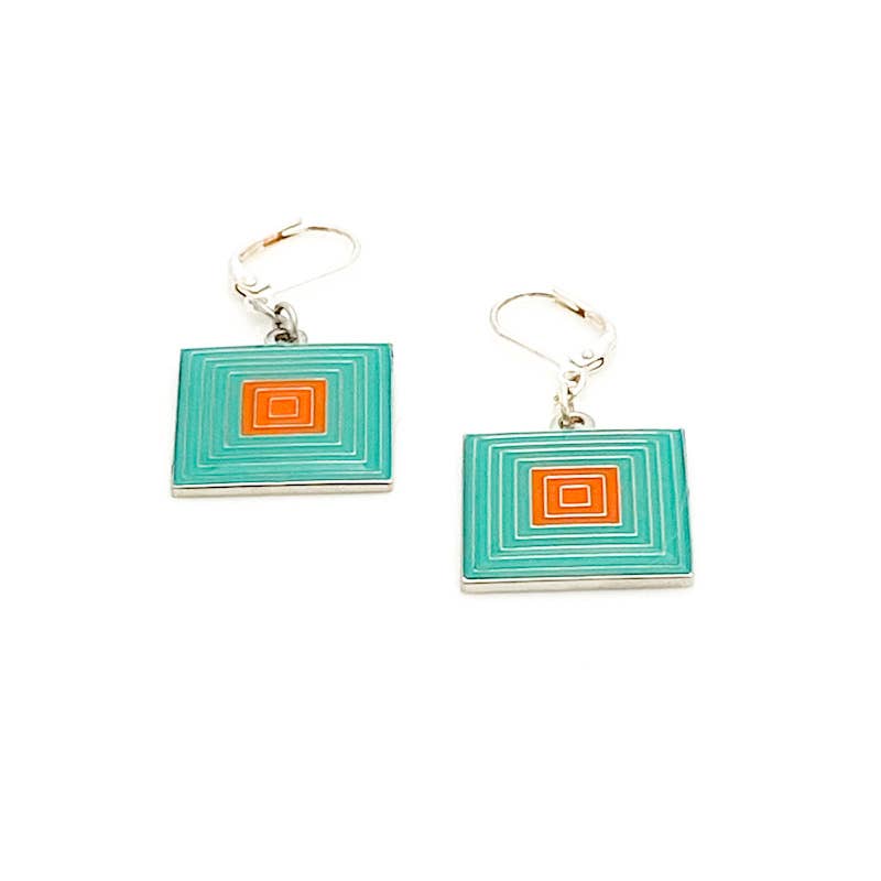 Earrings with a pattern of squares within squares green and orange enamel