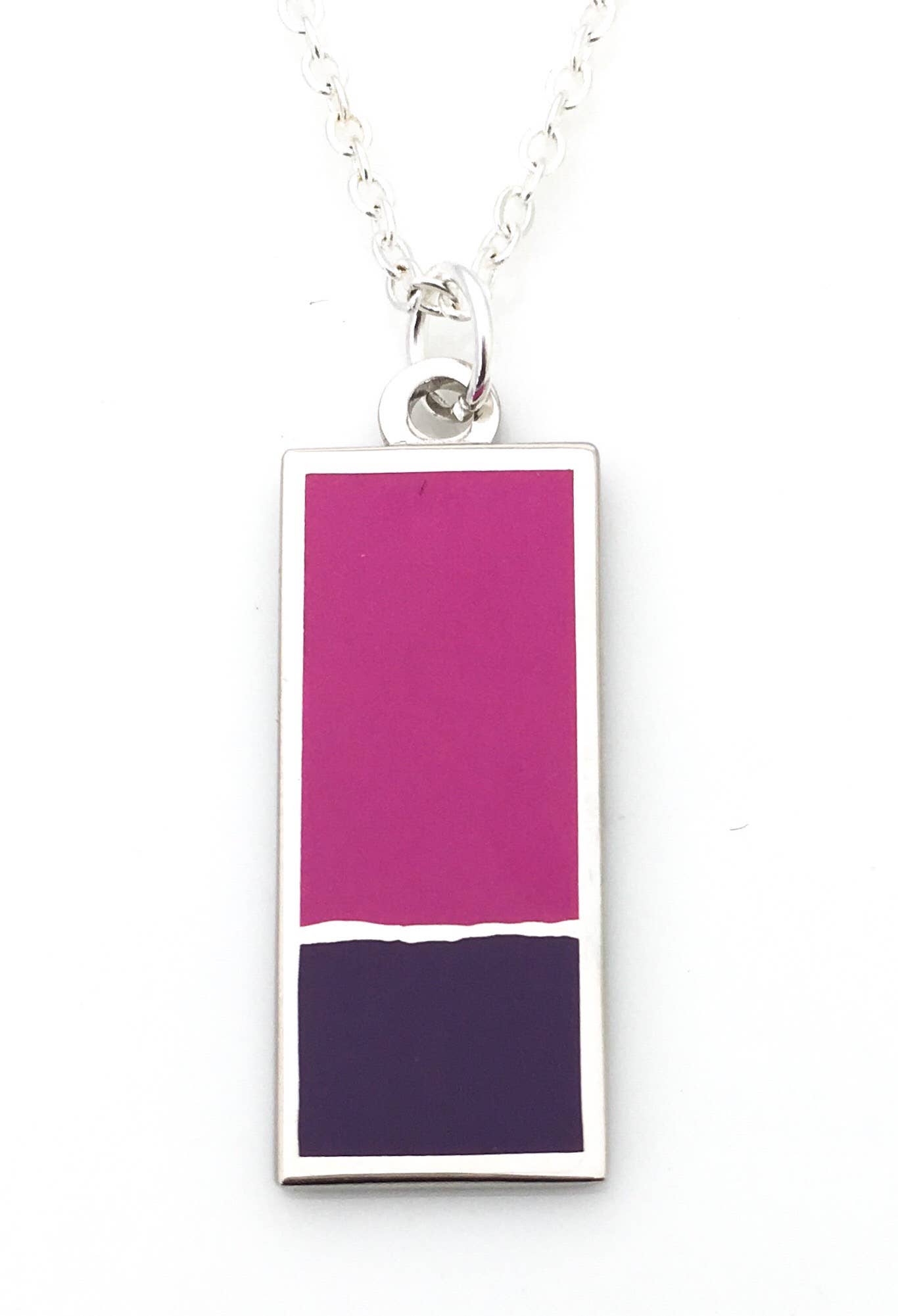 Enamel necklace with rectangle in purple enamel and smaller rectangle in mauve