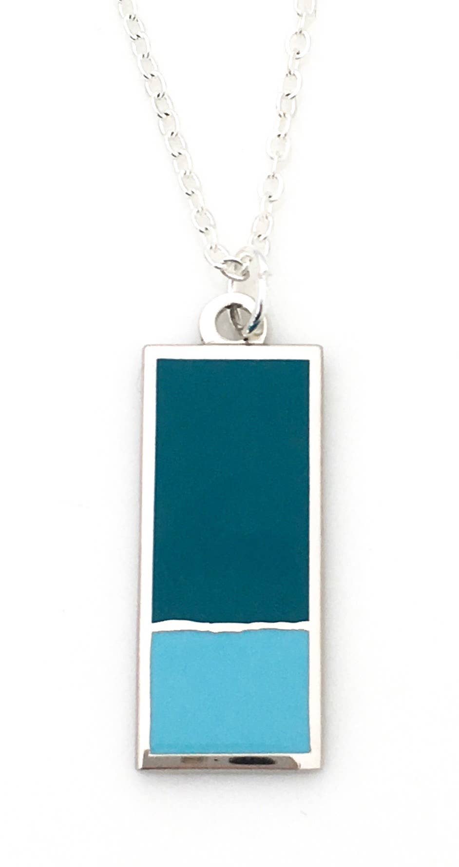 Enamel necklace with rectangle in Turquoise enamel and smaller rectangle in light blue