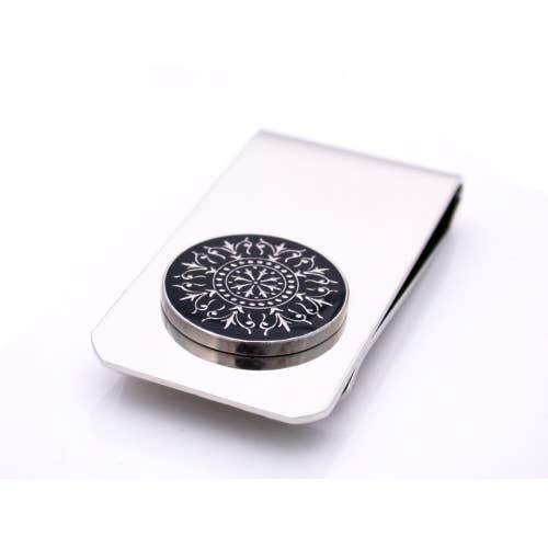 Money clip with silver round oculus pattern on black enamel