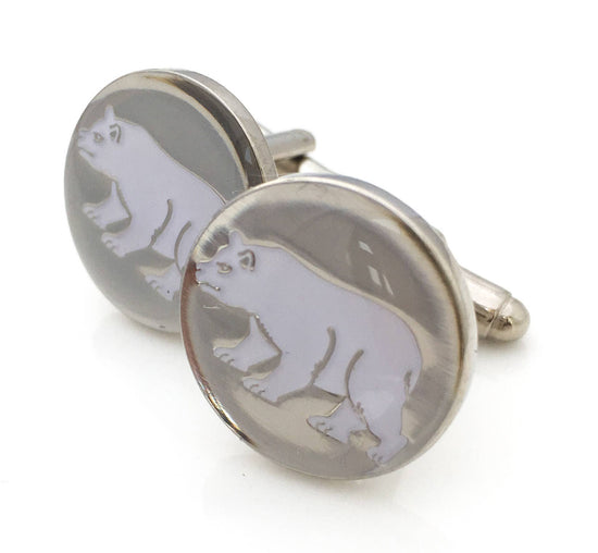 Round cufflinks with white enamel polar bear