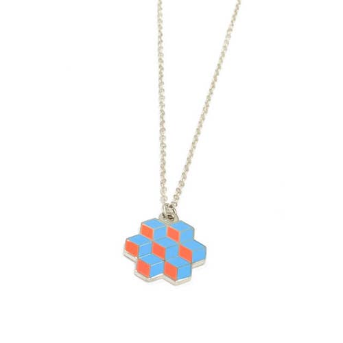 Optical illusion pendant of stacked turquoise enamel cubes in an pentagon shape