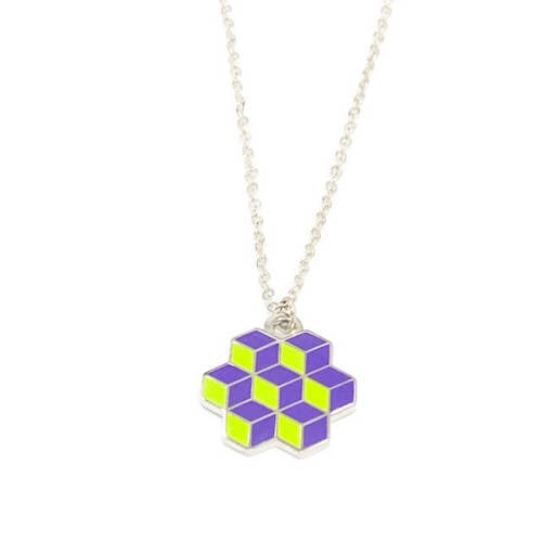 Optical illusion pendant of stacked purple enamel cubes in an pentagon shape