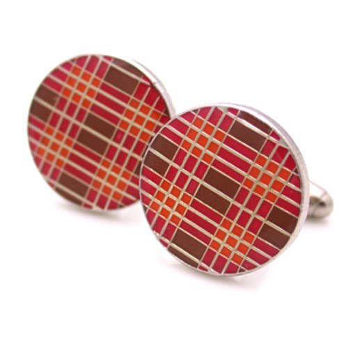 Round plaid enamel cufflinks in brown