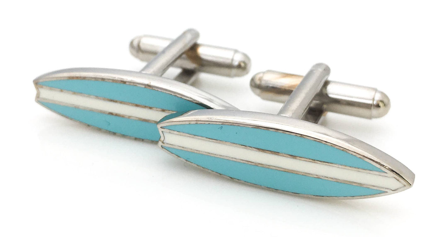 Surfboard shaped cufflinks in blue enamel with a stripe down the centre